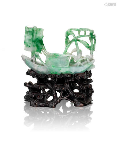 Late Qing Dynasty A jadeite carving of a sampan with figures