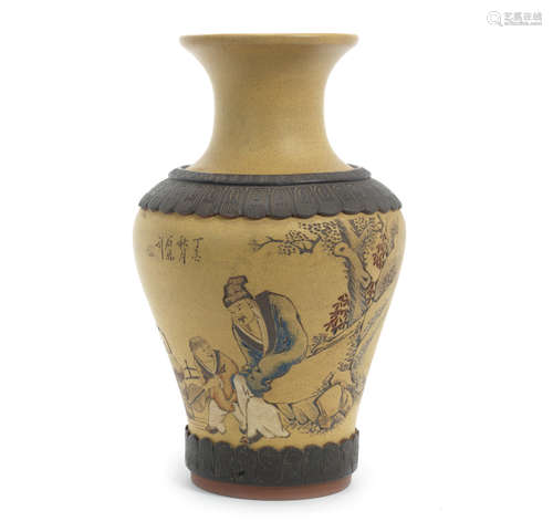 20th century, by Ren Ganting (1888-1969) A painted and carved Yixing baluster vase