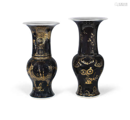 Kangxi Two mirror black and gilt decorated vases, yenyen