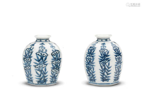 Yongzheng six-character marks, 19th century or later A SMALL PAIR OF BLUE AND WHITE OCTAGONAL 'LINGZHI' JARLETS