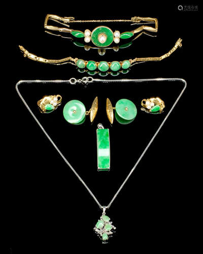 20th century A selection of gold and green jadeite jewellery