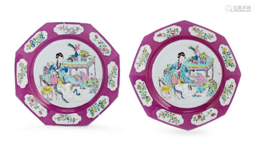 Yongzheng A pair of famille rose octagonal 'lady and boys' dishes