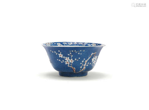 Chenghua six-character mark, Kangxi An underglaze red-decorated powder blue 'prunus' bowl