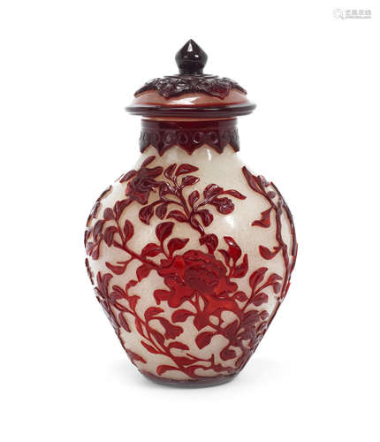 19th century A carved red overlay glass vase and cover