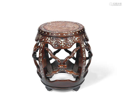 19th century A mother-of-pearl inlaid rosewood barrel-form stool