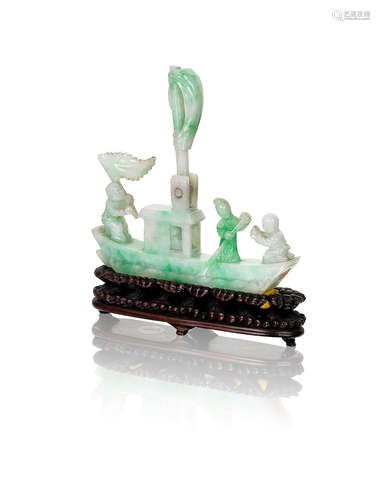 19th century A jadeite sailing boat with three figures above waves