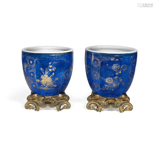 The porcelain 18th century A pair of gilt-decorated blue-glazed jardinières