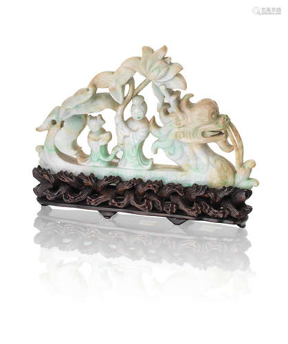 19th century A jadeite carving of a 'dragon' boat