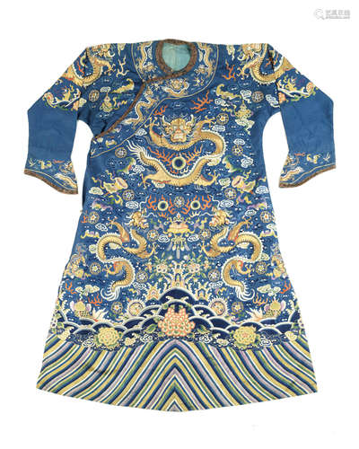 Late Qing Dynasty A blue-ground silk embroidered 'dragon' robe