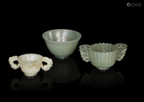 17th century to 19th century A group of three green jade cups