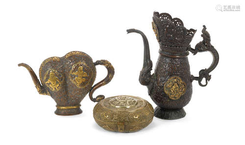 Tibet, 19th century A group of parcel gilt copper alloy vessels