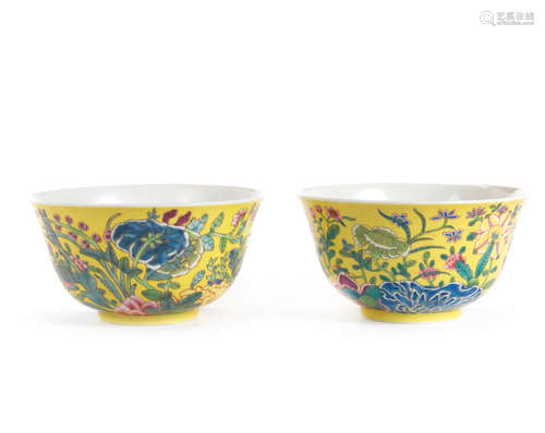 Qianlong seal marks, Republic period A pair of yellow-ground enamelled 'floral' bowls