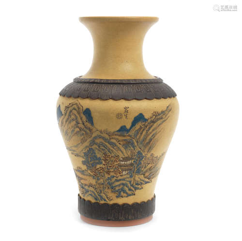 20th century, by Ren Ganting (1888-1969) A carved and painted Yixing 'landscape' baluster vase