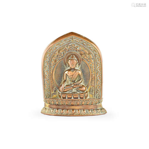 Qianlong six-character mark and probably of the period  A small gilt-copper Buddhist votive plaque of Vipassi Buddha