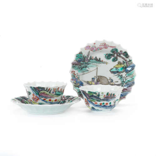 Yongzheng A pair of famille rose 'fishermen' tea bowls and saucers