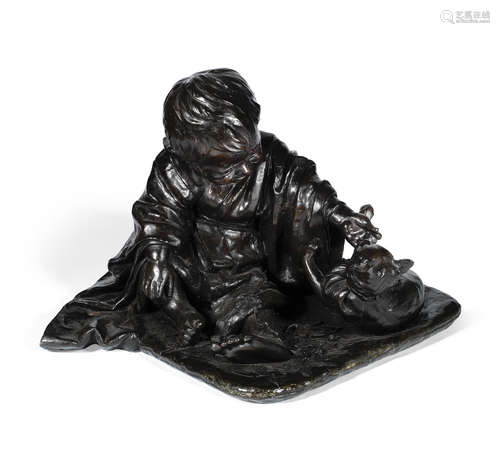 Tokyo School, Meiji Period A large bronze okimono of a boy and kitten