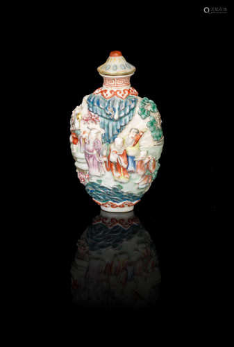 Jiaqing seal mark and of the period A famille rose 'Eight Immortals' moulded snuff bottle