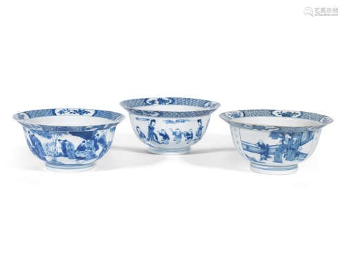 Kangxi six-character marks and of the period Three blue and white 'klapmuts' bowls