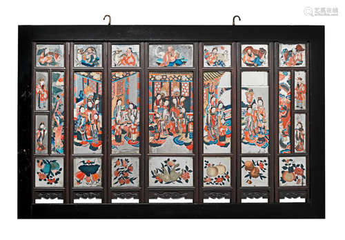 19th century A seven-leaf folding reverse glass painted mirror screen