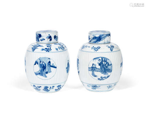 Jiajing six-character marks, Kangxi A pair of blue and white 'Romance of the Western Chamber' ginger jars and covers