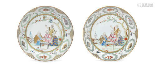 Qianlong, circa 1740 A pair of gilt-decorated famille rose pronk 'doctors visit' dishes