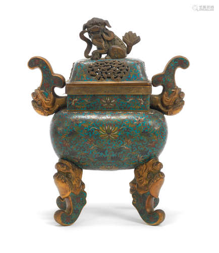 Qianlong seal mark, 19th century A cloisonné enamel incense burner and cover