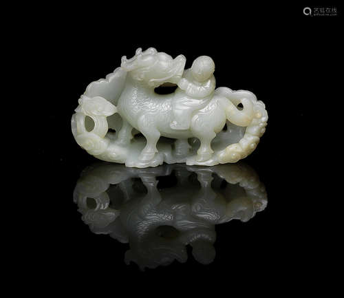 A pale green jade 'boy and qilin' group