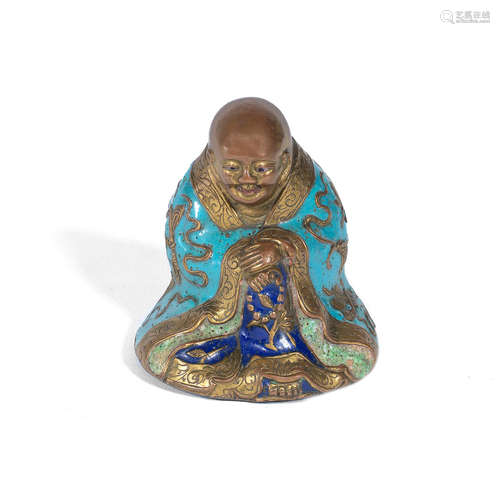 18th century A repoussé copper and champléve enamel figure of Budai