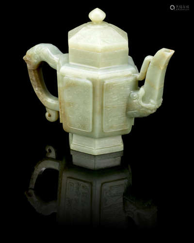 17th/18th century A green jade hexagonal teapot