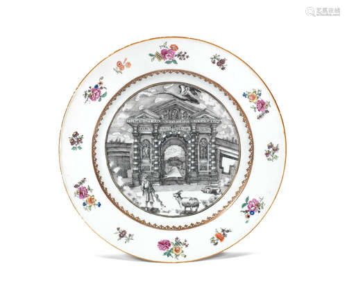 Qianlong, circa 1760 A grisaille-enamelled famille rose 'Oxford Botanical Garden' dish