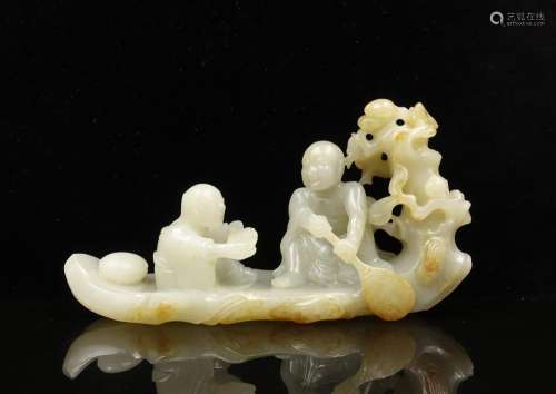 CHINESE CELADON JADE CARVED LOHAN PADDLING