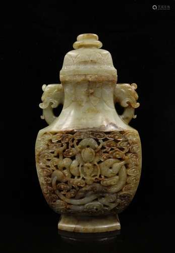 CHINESE CELADON JADE CARVED DRAGON VASE