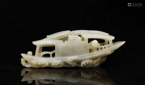 CHINESE WHITE JADE CARVED BOY WITH BOAT