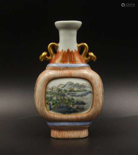 CHINESE FAMILLE ROSE LANDSCAPE PORCELAIN VASE