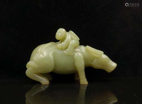 CHINESE YELLOW JADE CARVED BOY ON WATER BUFFALO