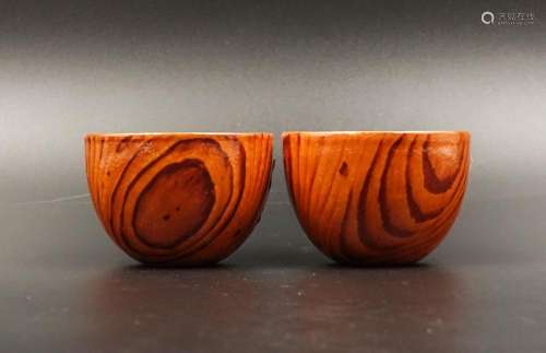 CHINESE WOOD GRAIN GLAZED PORCELAIN CUPS