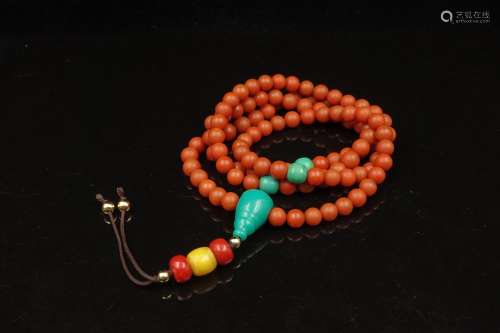 CHINESE RED AGATE WITH TURQUOISE PRAYER NECKLACE
