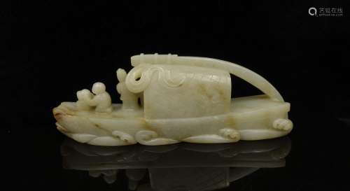 CHINESE CELADON JADE CARVED FISHING BOAT