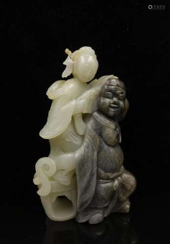 CHINESE GREY WHITE JADE CARVED FIGURINES