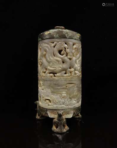 CHINESE ARCHAIC JADE AND SILVER CENSER