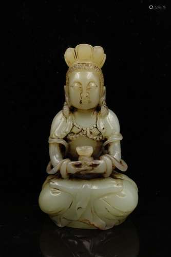 CHINESE CELADON JADE FIGURE OF GUANYIN