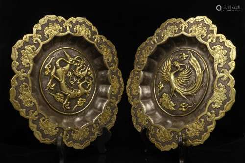 CHINESE PAIR OF GILT SILVER DRAGON PHOENIX TRAYS