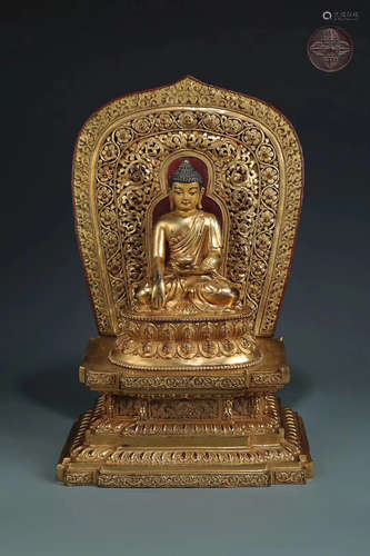 17-19 CENTURY, A BRONZE GILT SAKYAMUNI DESIGN STATUE, QING DUNASTY