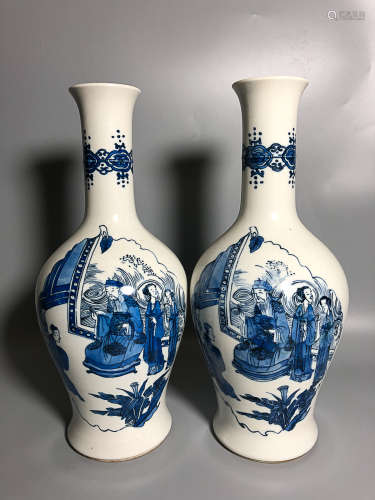 17-19TH CENTURY, A PAIR OF FIGURE PATTERN BLUE&WHITE VASE, QING DYNASTY