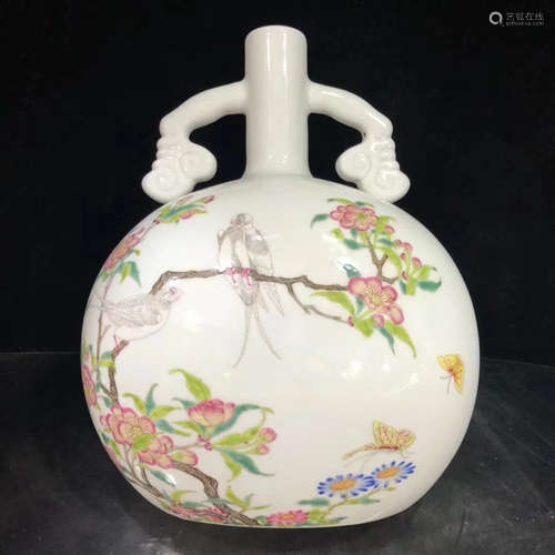 A FLORAL&BIRD PATTERN DOUBLE-EAR ENAMEL BOTTLE