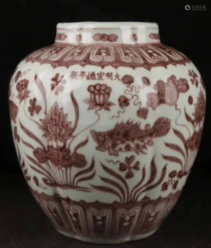 A FISH&ALGAE PATTERN UNDERGLAZE RED JAR