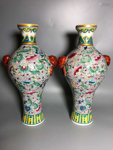 17-19TH CENTURY, A PAIR OF DOUBLE-EAR ENAMEL VASES, QING DYNASTY