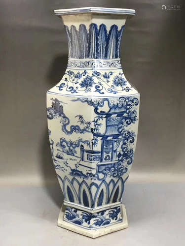 14-16TH CENTURY, A STORY DESIGN BLUE&WHITE VASE, MING DYNASTY