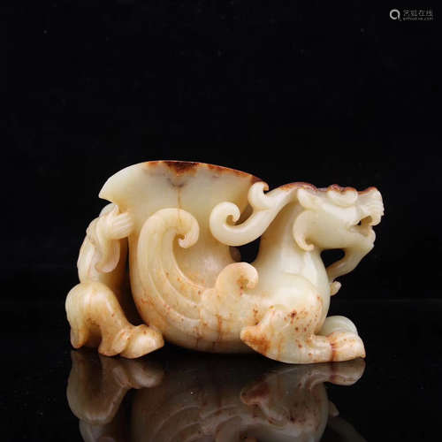 453-221BC, A PIXIU BEAST DESIGN ANCIENT HETIAN JADE CUP, ZHAN&HAN DYNASTY