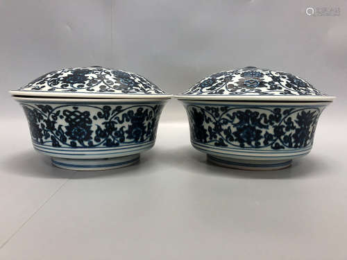14TH-16TH CENTURY, A PAIR OF BLUE&WHITE COVERED BOWL, MING DYNASTY